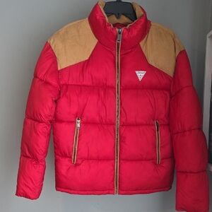 🆕️ Guess Vibrant Red and Tan Puffer Jacket Men's S NWT